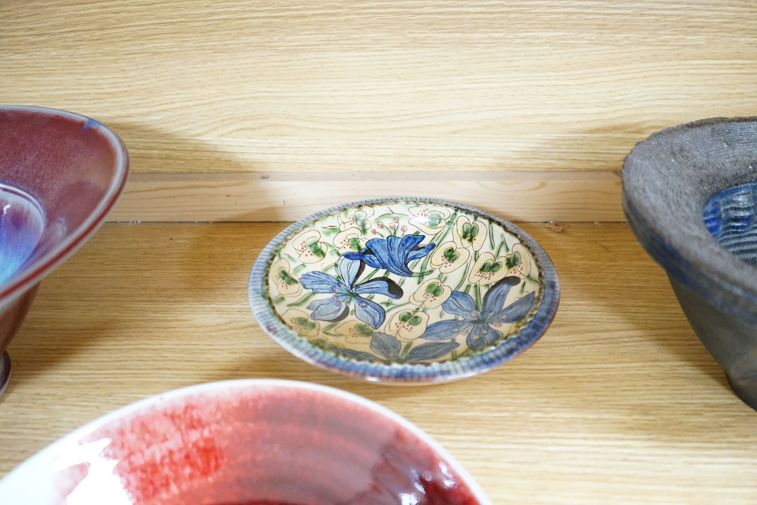 A group of studio pottery vases and dishes to include- 35cm